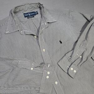 Ralph‎ Lauren Men's 15.5 Classic Fit Black White Stripe Long Sleeve Shirt